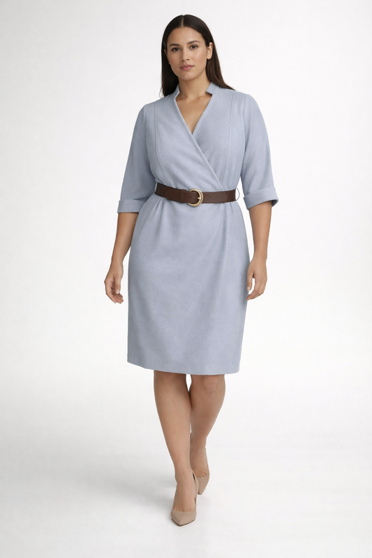 Jasnoniebieska sukienka kopertowa z paskiem i dekoltem V