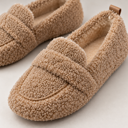 Teksturowane kapcie typu mokasyny Teddy – wyjątkowo miękkie, pluszowe kapcie domowe