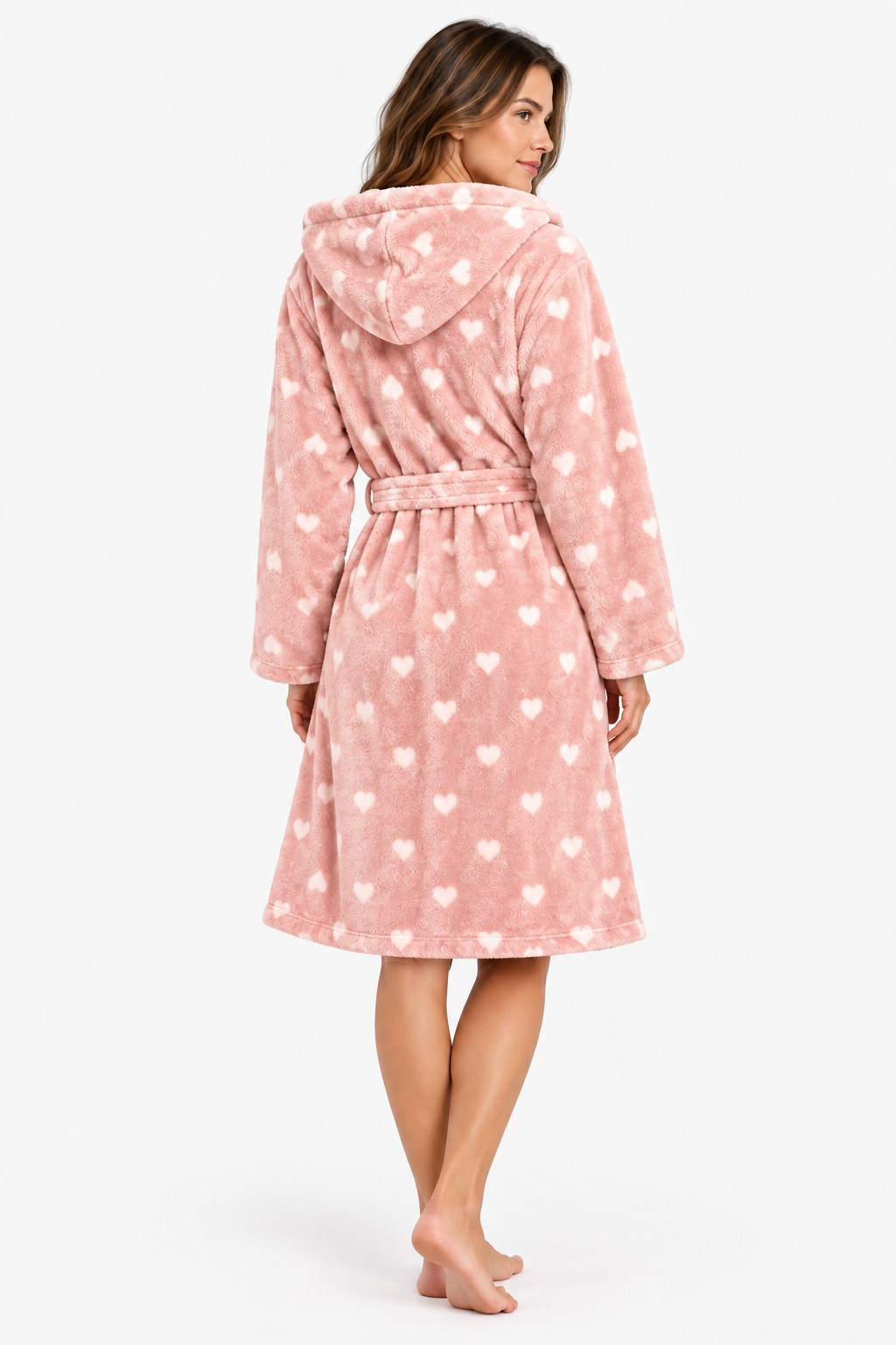 Pink hooded dressing gown with heart print and belt