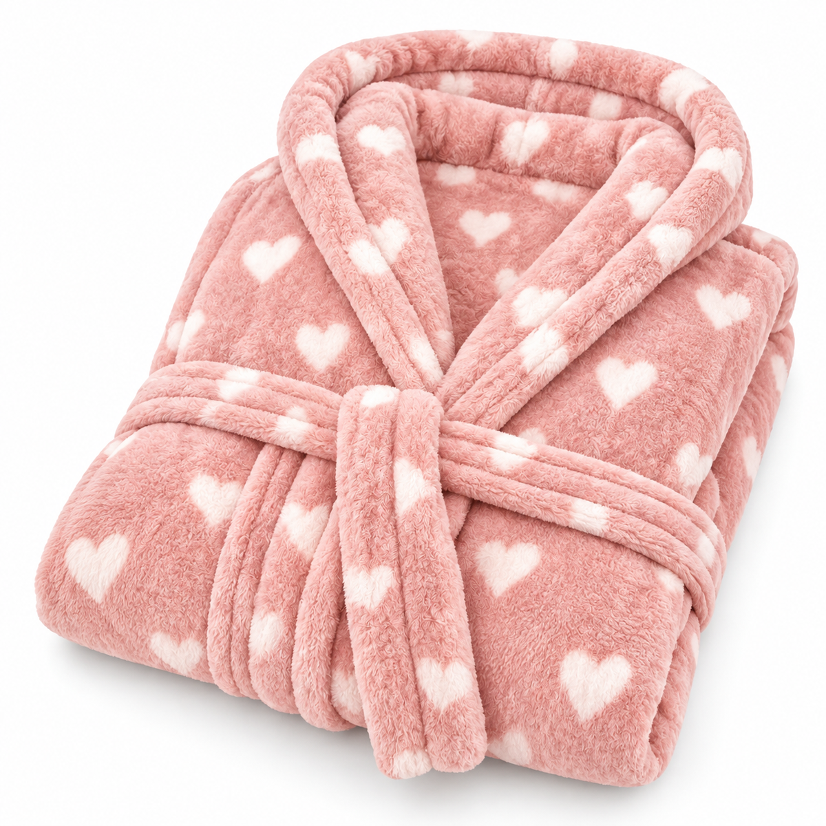 Pink hooded dressing gown with heart print and belt