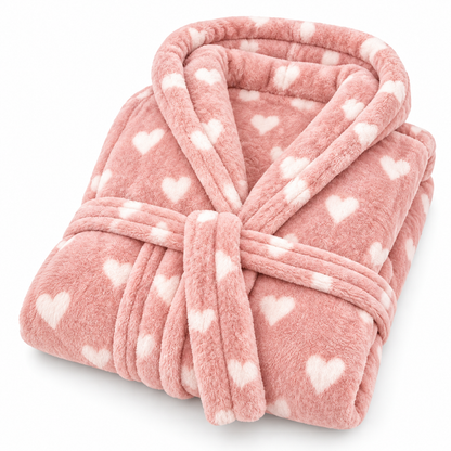 Pink hooded dressing gown with heart print and belt