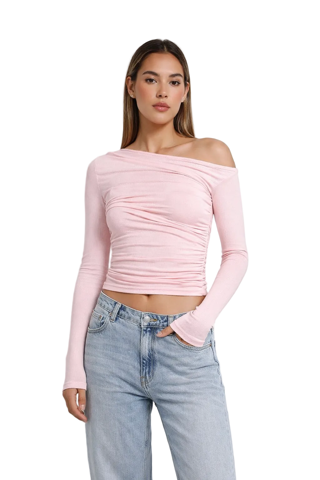 Jasnoróżowy top off-shoulder z marszczeniem i długim rękawem