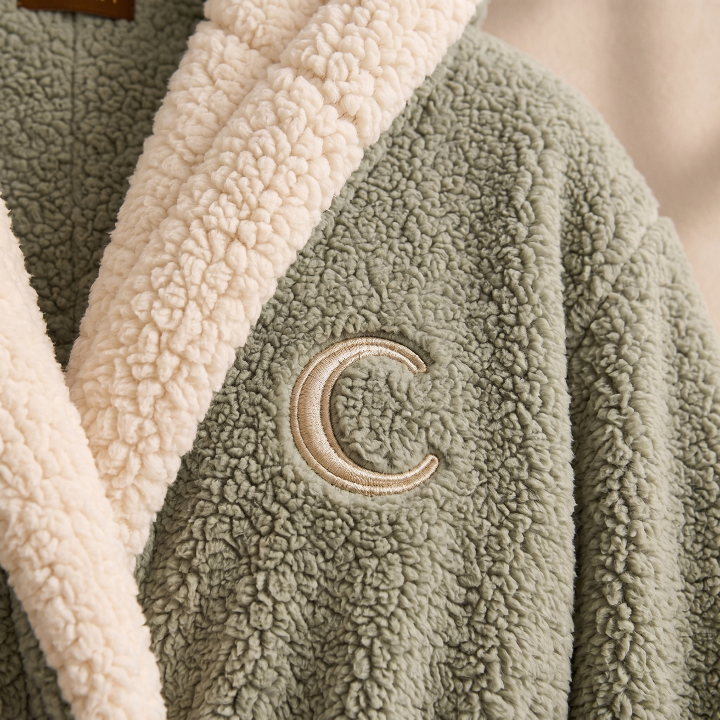 Hooded bathrobe, sage green, sherpa trim