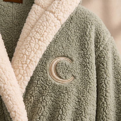 Hooded bathrobe, sage green, sherpa trim