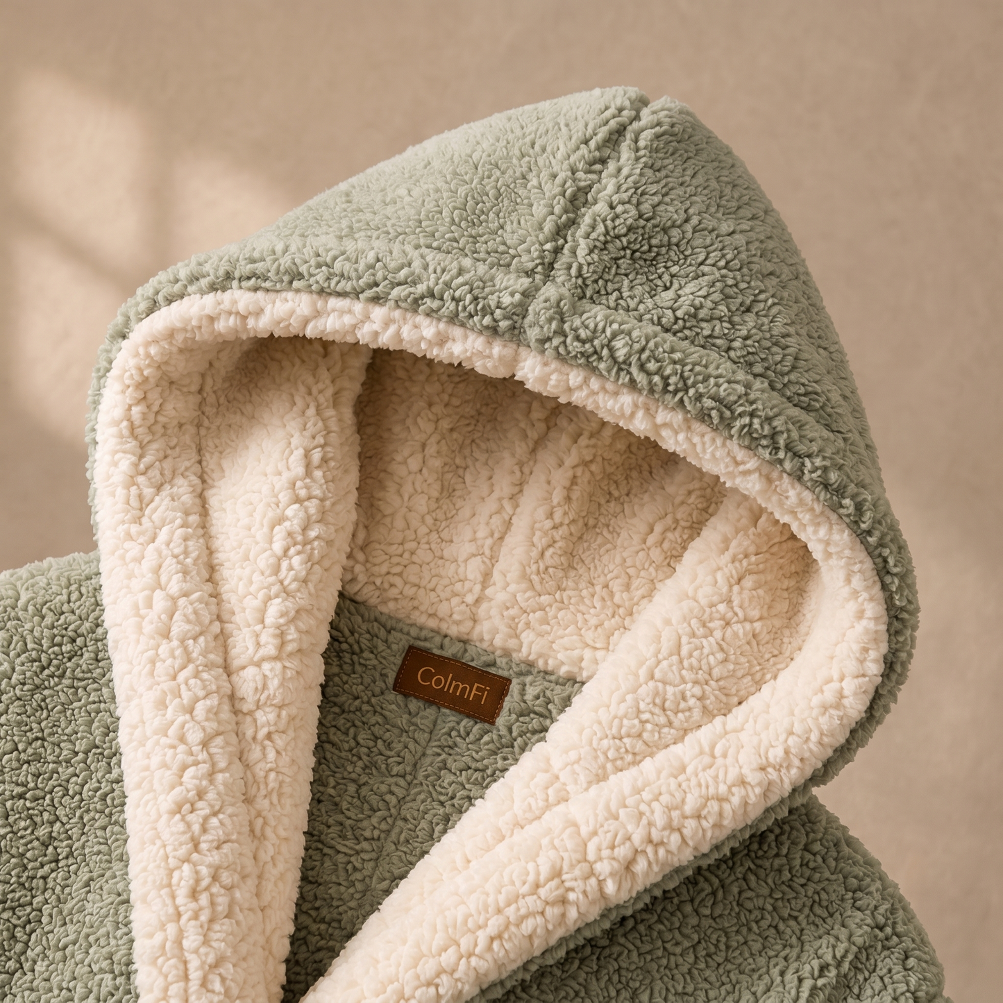 Hooded bathrobe, sage green, sherpa trim