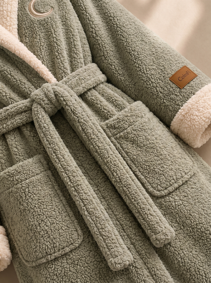 Hooded bathrobe, sage green, sherpa trim