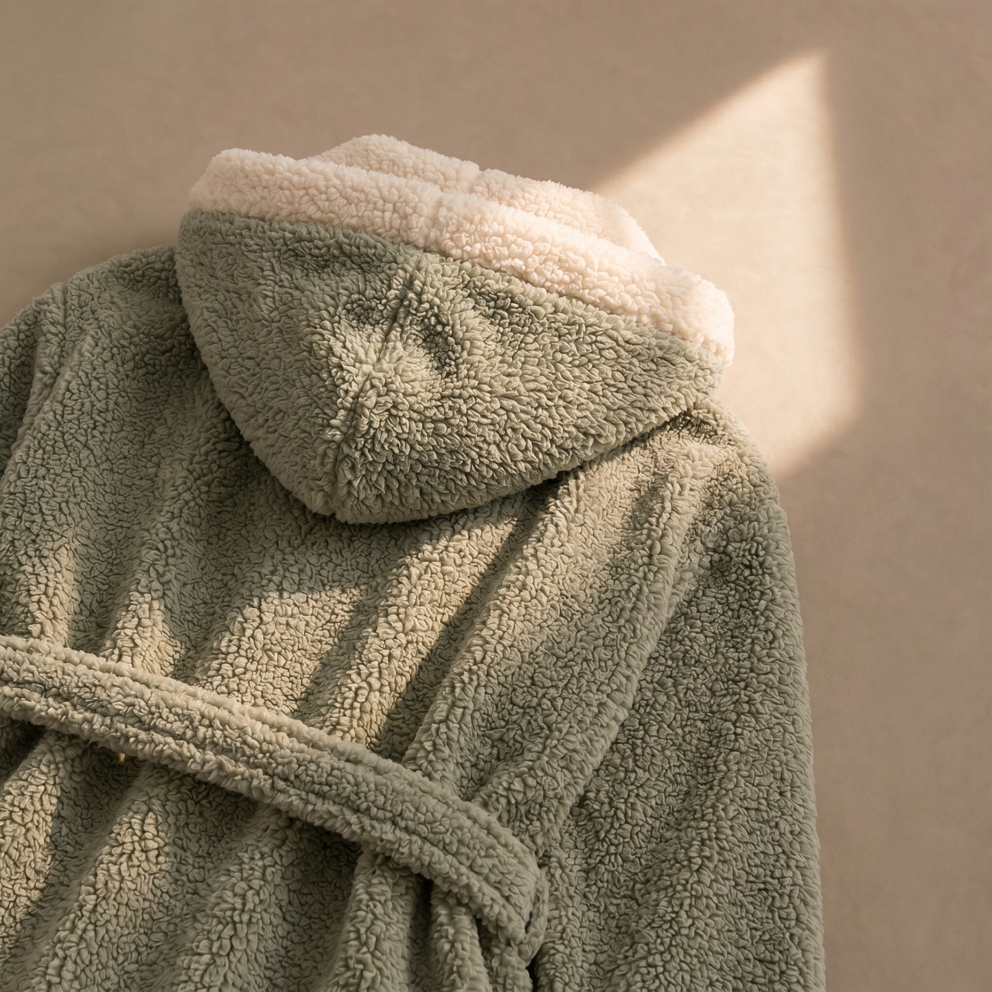 Hooded bathrobe, sage green, sherpa trim