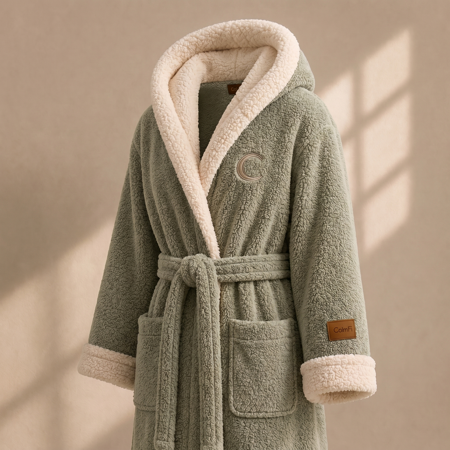 Hooded bathrobe, sage green, sherpa trim