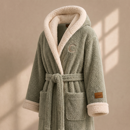 Hooded bathrobe, sage green, sherpa trim
