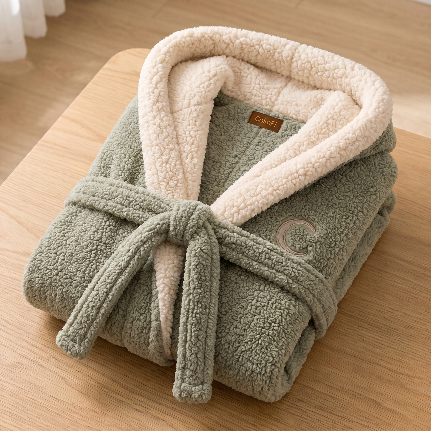 Hooded bathrobe, sage green, sherpa trim