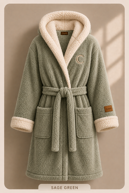 Hooded bathrobe, sage green, sherpa trim
