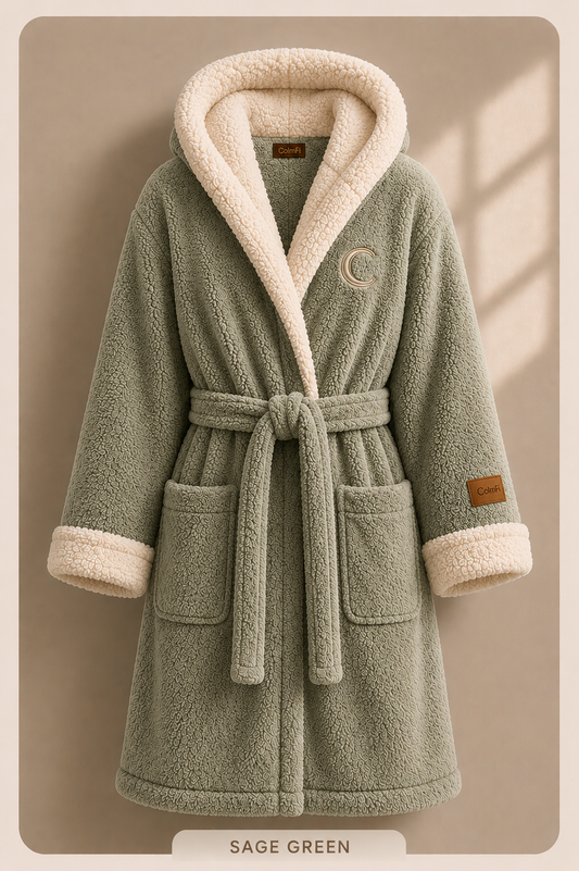 Hooded bathrobe, sage green, sherpa trim